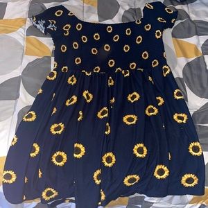 Navy Blue & Sunflower Off-Shoulder Dress
